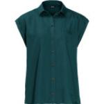 Cyanblaue Kurzärmelige Jack Wolfskin Mojave Entenhausen Sundowner Shirts mit Tasche aus Lyocell für Damen Größe XS 