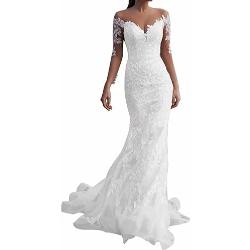 JAEDEN Brautkleider Elegant Meerjungfrau Hochzeitskleid Lang Spitze Standesamtkleid Langarm Weiß 36