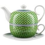 Jameson & Tailor Tea for One 4-teiliges Set Iglu-Teekanne, Tasse, Untertasse"grüne Karos" Brillant-Porzellan spülmaschinen- und mikrowellenfest