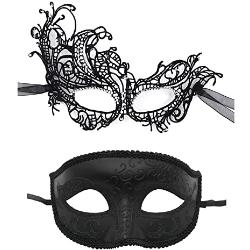 JewelryWe Schmuck 2 Stück Venezianische Maske Paar Spitze Maskerade Maske Augenmaske Spitzenmaske Gesicht Kostüm für Halloween Karneval Party Cosplay Schwarz