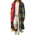 Bunte Karo Color Blocking Maxi Trenchcoats lang mit Quasten mit Knopf aus Wolle für Damen Größe XXL für den für den Winter 