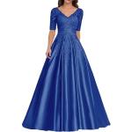 Royalblaue Bestickte Elegante Langärmelige Maxi V-Ausschnitt Lange Abendkleider aus Spitze für Damen Größe S für Hochzeitsgäste 