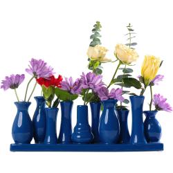 H&D Manufaktur Jinfa Handgefertigte kleine Keramik Deko Blumenvasen Set aus 10 Vasen in blau auf einem Tablett - blau Keramik 4260593936056