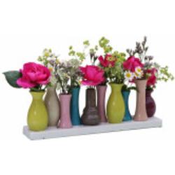 Jinfa Handgefertigte kleine Keramik Deko Blumenvasen Set aus 10 Vasen in bunt auf eime Tablett 4260464771731