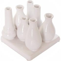 H&D Manufaktur Jinfa Handgefertigte kleine Keramik Deko Blumenvasen Set aus 7 Vasen in weiß auf einem Tablett - weiß Keramik 4260464778389