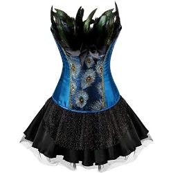 Josamogre Corsagenkleid Feder Korsett KleidCorsage elegant Stickerei Kostüme Pfau halloween kostüm Rock Blau Schwarz L