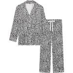 Schwarze Animal-Print Pyjamas lang mit Leopard-Motiv mit Knopf aus Viskose für Damen Größe L 2-teilig für den für den Winter 