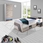 Jugendzimmer Set mit Bett 90x200 cm 3-teilig mit Kleiderschrank LEEDS-10 in Sandeiche Nb. mit weiß, Lava und Denim Blau grau