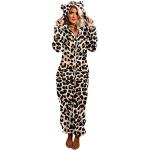 Braune Animal-Print Langärmelige Pyjamas lang mit Leopard-Motiv mit Reißverschluss aus Fleece für Damen Größe XL Weihnachten für den für den Winter 