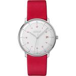 Rote Bauhaus Wasserdichte Junghans Max Bill Solar Armbanduhren poliert aus Edelstahl mit Datumsanzeige 