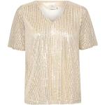 Reduzierte Sandfarbene Elegante Kurzärmelige Kaffe V-Ausschnitt Tunika-Blusen mit Pailletten aus Polyester für Damen Größe XL für Partys 