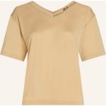 Kamelbraune Bestickte Kurzärmelige Karl Lagerfeld Karl V-Ausschnitt T-Shirts aus Lyocell für Damen Größe XS 