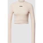 Offwhitefarbene Karo Langärmelige Karo Kauer Stehkragen Cropped Shirts aus Polyester für Damen Größe S 