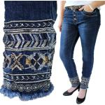 Blaue Bestickte Ethno Jeans mit Stickerei mit Fransen aus Denim für Damen Größe L 