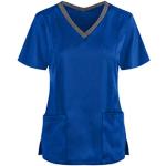 Blaue Karo Casual Kurzärmelige Damenarbeitshemden mit Glitzer mit Reißverschluss aus Chiffon Größe S Große Größen für den für den Sommer 