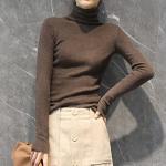 Dunkelbraune Elegante Langärmelige Rollkragen Kaschmir-Pullover aus Wolle für Damen Größe M für den für den Winter 