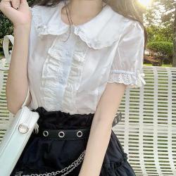 Kawaii Lolita-Blusen, weiße Damen-Süße Spitzen-Tops, Rüschen-Hemden, Vintage-Puffärmel, japanische Preppy-Stil, süße Tops