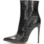 Schwarze Animal-Print Spitze Pfennigabsatz High-Heel Stiefel mit Reißverschluss aus Glattleder für Damen Größe 36 