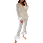 Weiße Karo Sexy Pyjamas lang mit Schmetterlingsmotiv aus Satin für Damen Größe S 2-teilig für den für den Winter 
