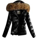 Schwarze Leo-Look Casual Mini Daunenjacken mit Kapuze mit Leopard-Motiv aus Fleece für Damen Größe XS Petite für den für den Winter 