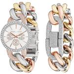 Kendall + Kylie Damen-Armbanduhr und Armband-Set mit Quarzuhrwerk und großem offenem Glieder, Kristallverzierung, merhfarbig, Medium