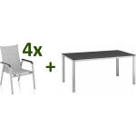 KETTLER KETTALUX-PLUS/Basic Plus Padded Sitzgruppe silber/anthrazit/grau, Alu/Textilene, 160x95 cm, 4 Stapelsessel, gepolsterte Sitz - und Rückenfläche silber
