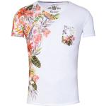 Weiße Vintage Key Largo Tiefer V-Ausschnitt Shirts mit Tasche mit Blumenmotiv enganliegend für Herren Größe L für Partys für den für den Sommer 