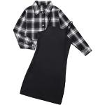 Schwarze Karo Langärmelige Spaghettiträger Kleider für Kinder Handwäsche für Mädchen für den für den Herbst 