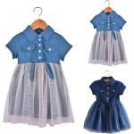 Blaue Langärmelige Mini Kinderjeanskleider mit Volants aus Denim für Babys für den für den Frühling 