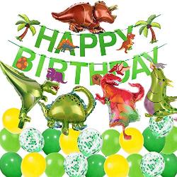 Kindergeburtstag Deko Dinosaurier Happy Birthday Girlande und Folienballons Dinosaurier mit Konfetti Luftballons Grün für Kindergarten Dekoration Urwald Party Geburtstag Junge