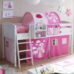 Kinderhochbett aus Kiefer Massivholz und Webstoff Weiß und Pink