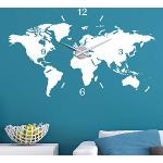 KLEBEHELD® Wandtattoo Uhr Weltkarte Erde Globus Karte Farbe weiss, Größe 100x60cm | Uhrwerk silber, Umlauf 44cm