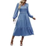 Reduzierte Blaue Elegante Langärmelige Abendkleider A-Linie Gesmokte für Damen Übergrößen für Partys 