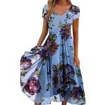 Himmelblaue Blumenmuster Elegante Langärmelige Kurze Abendkleider mit Knopf aus Chiffon für Damen Größe 5 XL für Brautjungfern für den für den Sommer 
