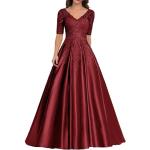Burgundfarbene Elegante Kurzärmelige Maxi V-Ausschnitt Lange Abendkleider mit Reißverschluss aus Satin für Damen Größe M für Hochzeitsgäste 