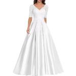 Weiße Elegante Kurzärmelige Maxi V-Ausschnitt Lange Abendkleider mit Reißverschluss aus Satin für Damen Größe S für Hochzeitsgäste 