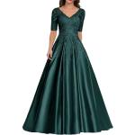 Grüne Elegante Kurzärmelige Maxi V-Ausschnitt Lange Abendkleider mit Reißverschluss aus Satin für Damen Größe XXL für Hochzeitsgäste 