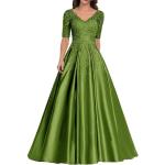 Olivgrüne Elegante Kurzärmelige Maxi V-Ausschnitt Lange Abendkleider mit Reißverschluss aus Satin für Damen Größe M für Hochzeitsgäste 