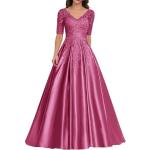 Fuchsiafarbene Elegante Kurzärmelige Maxi V-Ausschnitt Lange Abendkleider mit Reißverschluss aus Satin für Damen Größe M für Hochzeitsgäste 