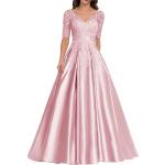 Rosa Elegante Kurzärmelige Maxi V-Ausschnitt Lange Abendkleider mit Reißverschluss aus Satin für Damen Größe XXL für Hochzeitsgäste 
