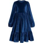 Blaue Elegante Langärmelige Kinderfestkleider mit Reißverschluss aus Samt für Mädchen für den für den Herbst 