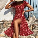 Reduzierte Rote Blumenmuster Kurzärmelige SheIn Kleider A-Linie für Damen Größe XS 