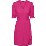 Reduzierte Pinke Unifarbene Halblangärmelige Mini Nachhaltige V-Ausschnitt Rüschenkleider für Damen Größe S Petite 