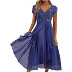 Blaue Unifarbene Elegante Langärmelige V-Ausschnitt Kurze Abendkleider mit Cutwork aus Chiffon für Damen Größe XXL Große Größen für Hochzeitsgäste für den für den Sommer 
