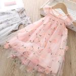 Rosa Blumenmuster Kurzärmelige Midi Kinderspitzenkleider mit Rüschen aus Tüll für Babys für den für den Sommer 