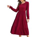 Bordeauxrote Unifarbene Elegante Langärmelige Maxi Herbstkleider mit Rüschen für Damen Größe L für den für den Herbst 