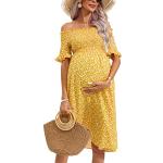 Gelbe Blumenmuster Casual Kurzärmelige Midi Schulterfreie Umstandskleider für Damen Größe L für den für den Sommer 