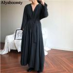 Schwarze Vintage Maxi V-Ausschnitt Sommerkleider aus Polyester Handwäsche für Damen Einheitsgröße Große Größen für den für den Sommer 