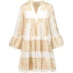 Reduzierte Goldene Bestickte 3/4-ärmelige Mini V-Ausschnitt Minikleider & kurze Kleider mit Rüschen aus Baumwolle für Damen Größe S für den für den Sommer 