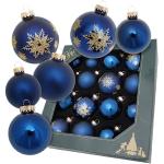 Krebs Glas Lauscha - Weihnachtsdekoration/Christbaumschmuck aus Glas - Weihnachtskugeln - Motiv: Blaue Christbaumkugel mit goldenen Schneeflocken - 16 Stück